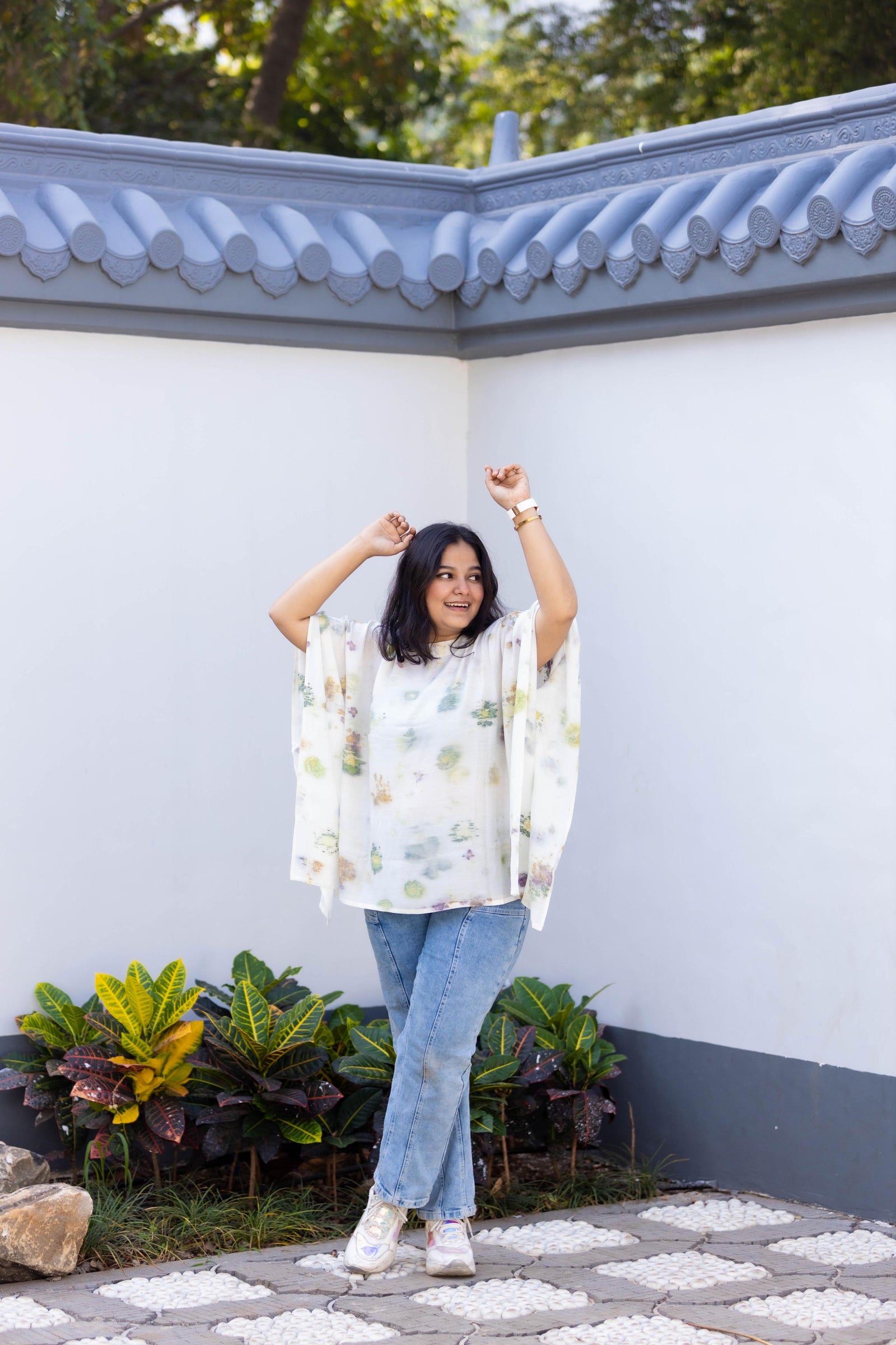 Eco-Print White Multi-Flower Top