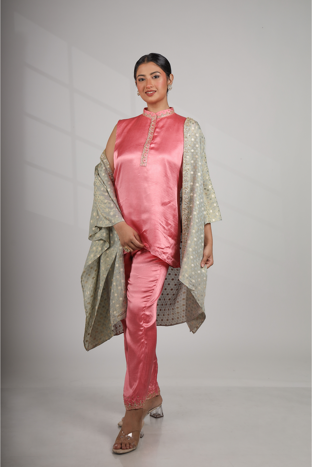 Mediterranean Dawn: Shawl Jacket with Kurta Top & Straight Embriodered Pant (Only Top)