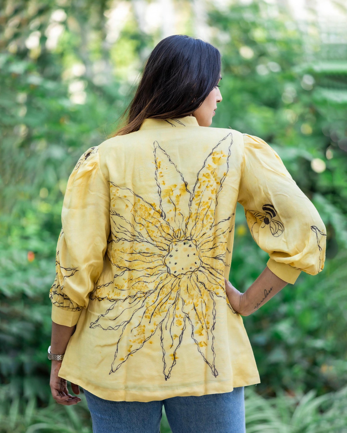 Eco-Print Sunflower Mandarin Shirt