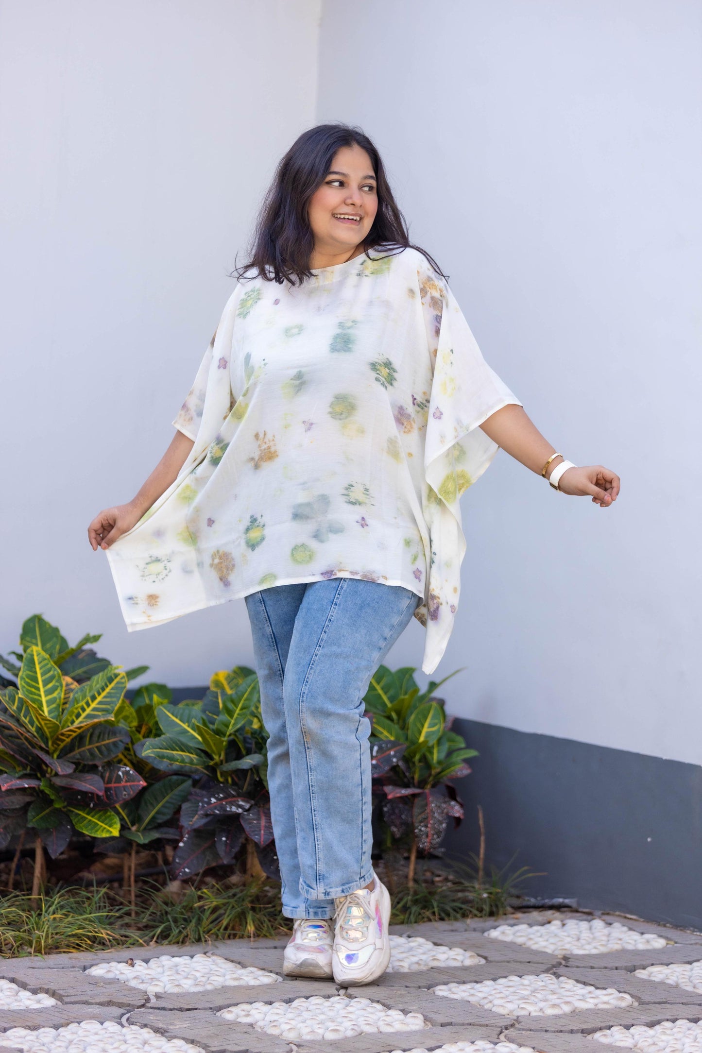 Eco-Print White Multi-Flower Top