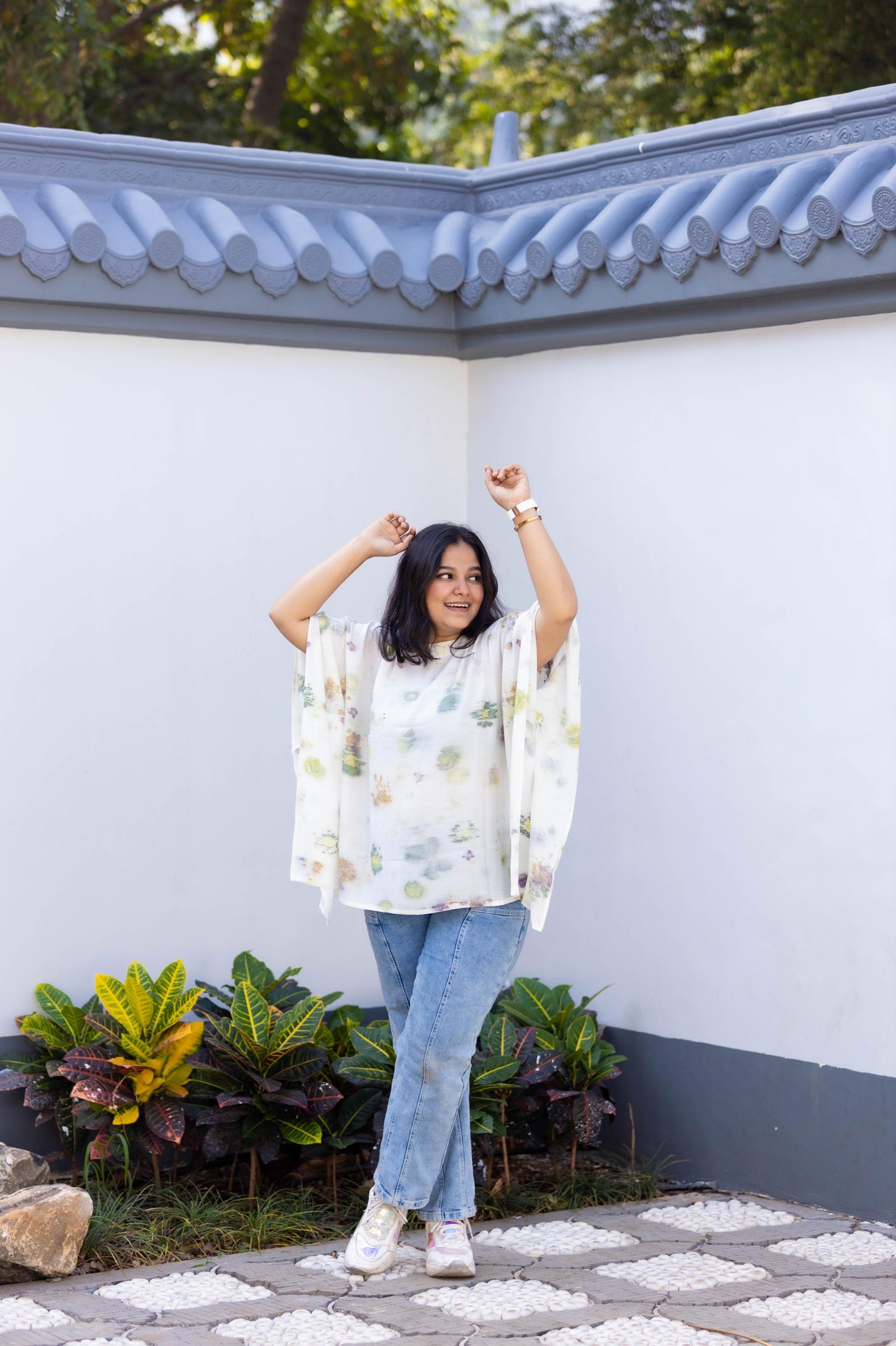 Eco-Print White Multi-Flower Top