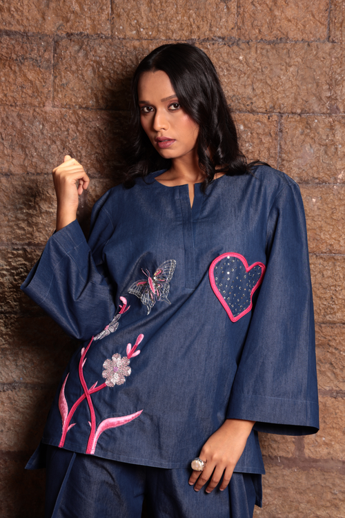 Flutter Heart – Embroidered Denim Co-ord Set