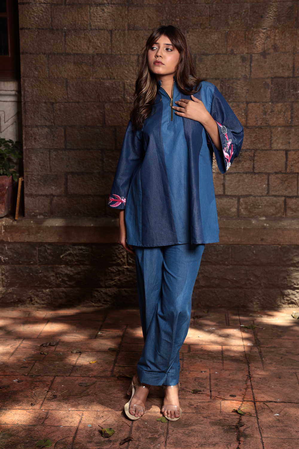 Petal Path – Two-Tone Embroidered Denim Co-ord Set