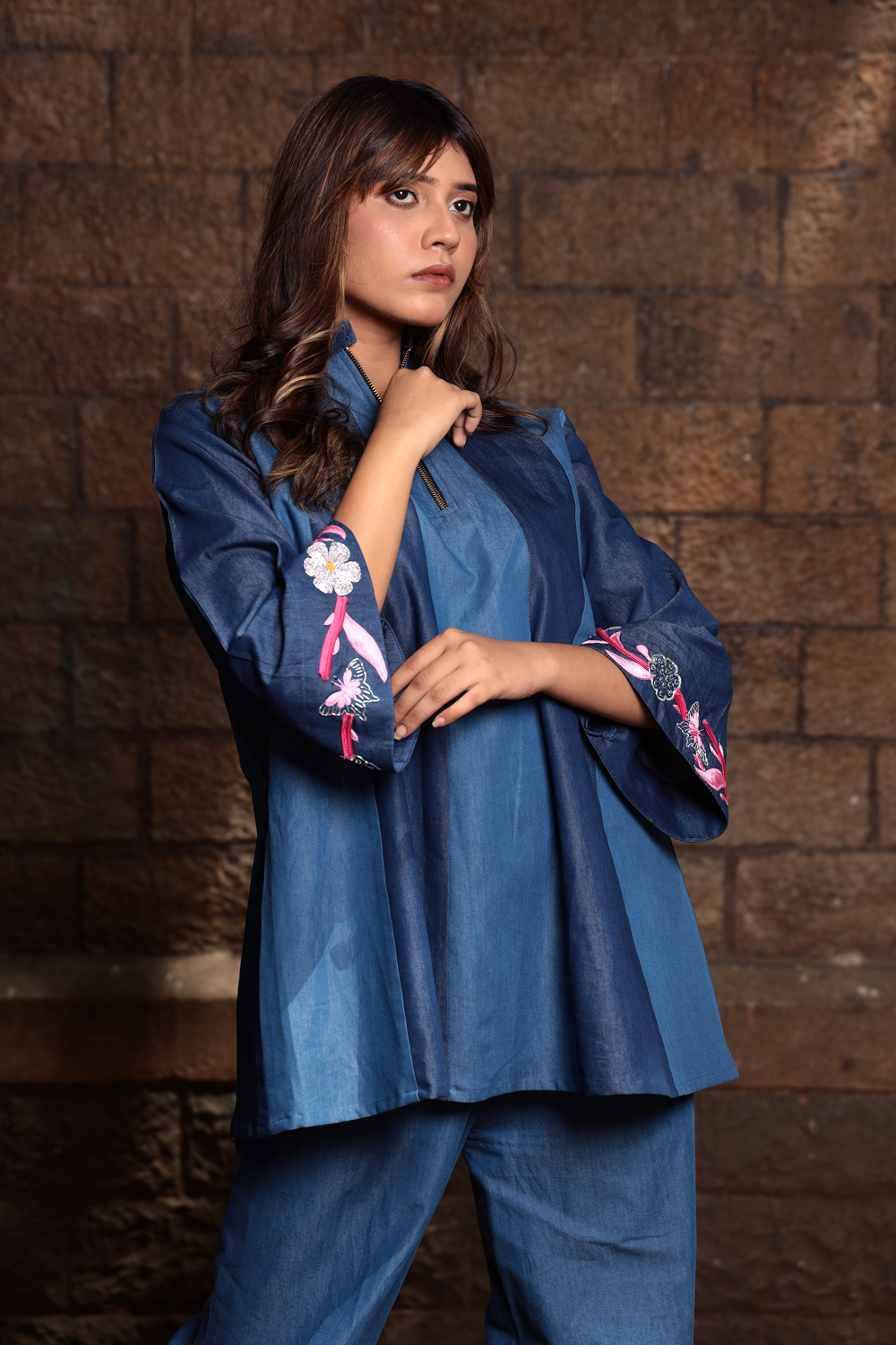 Petal Path – Two-Tone Embroidered Denim Co-ord Set