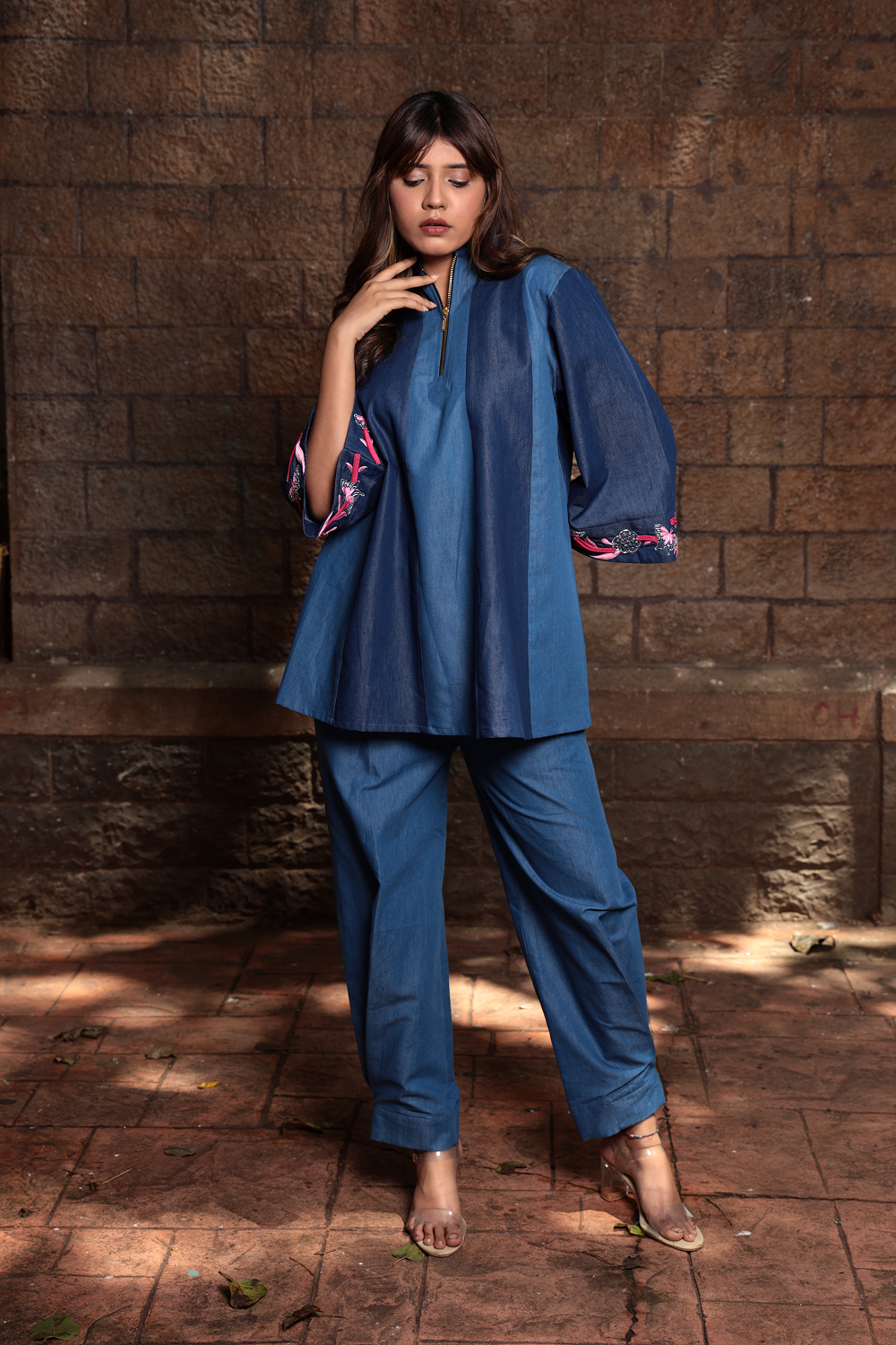 Petal Path – Two-Tone Embroidered Denim Co-ord Set