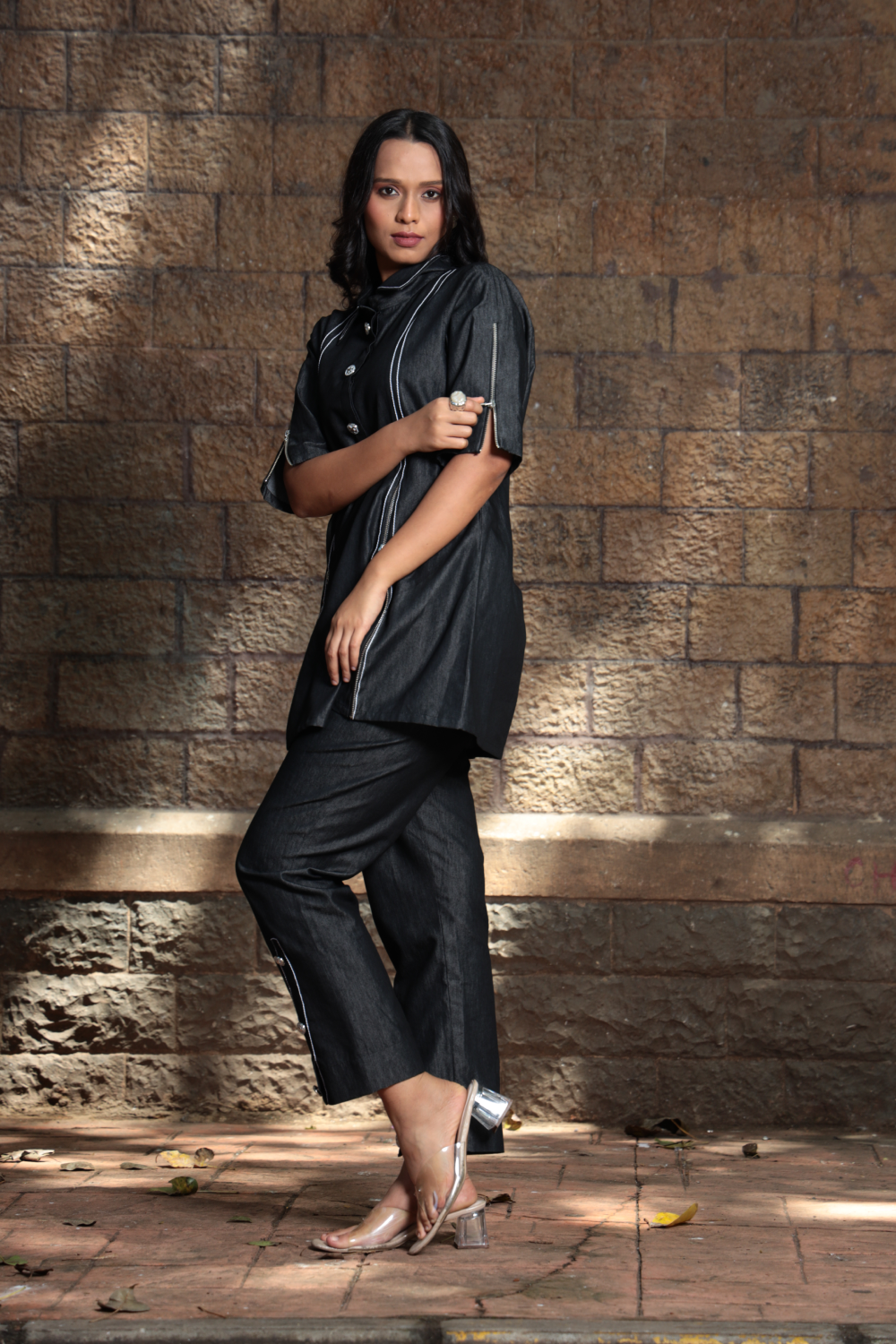 Linear Play – Contrast Stitch Black Denim Co-ord Set