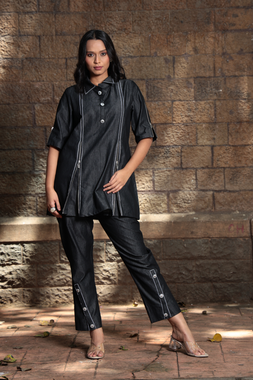 Linear Play – Contrast Stitch Black Denim Co-ord Set