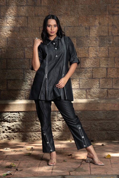 Linear Play – Contrast Stitch Black Denim Co-ord Set