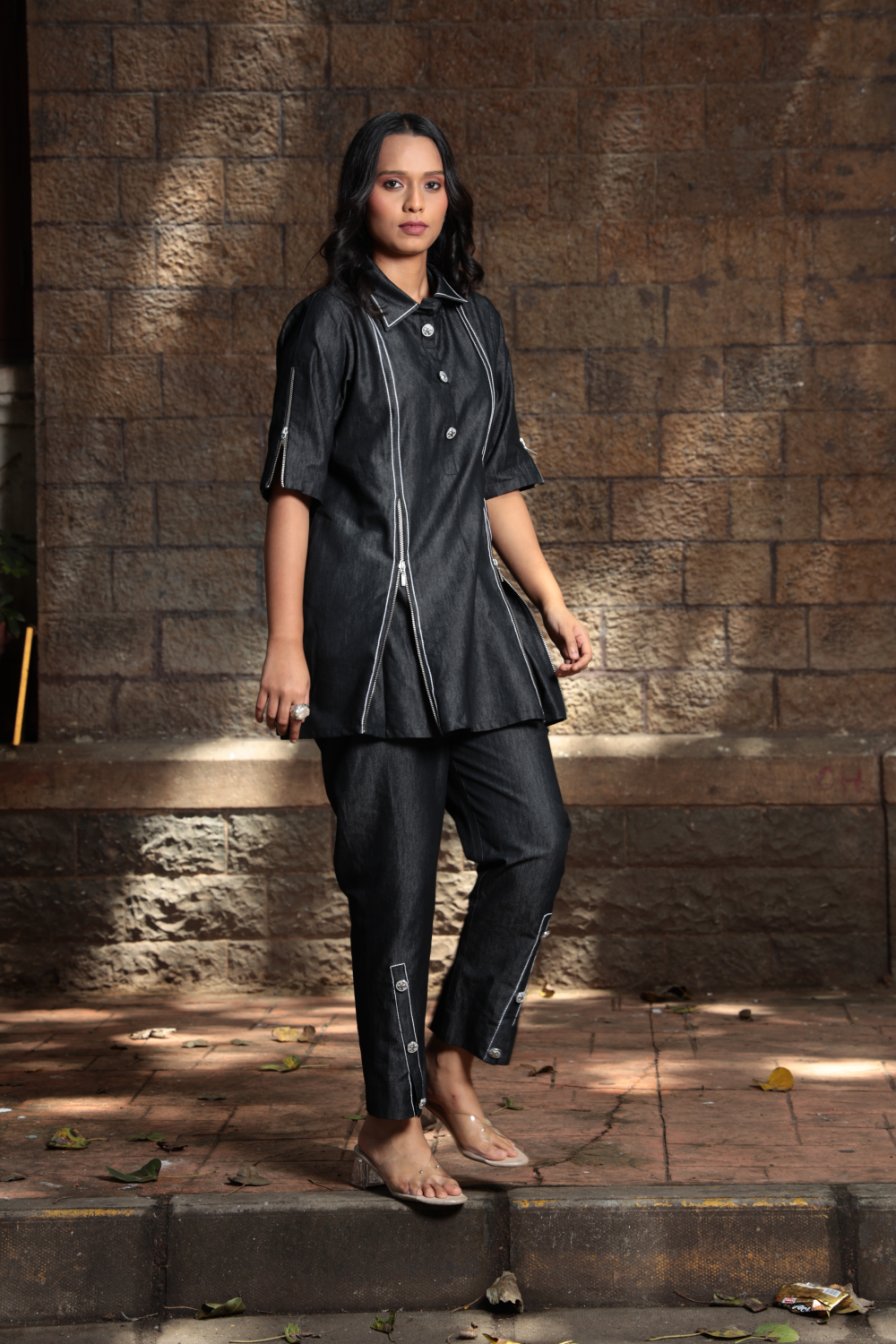 Linear Play – Contrast Stitch Black Denim Co-ord Set