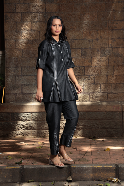 Linear Play – Contrast Stitch Black Denim Co-ord Set