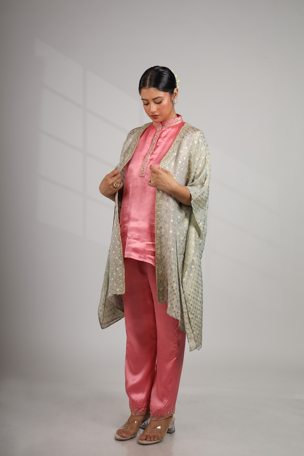 Mediterranean Dawn: Shawl Jacket with Kurta Top & Straight Embriodered Pant (Only Top)