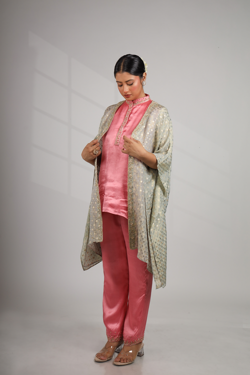 Mediterranean Dawn: Shawl Jacket with Kurta Top & Straight Embriodered Pant (Only Bottom)
