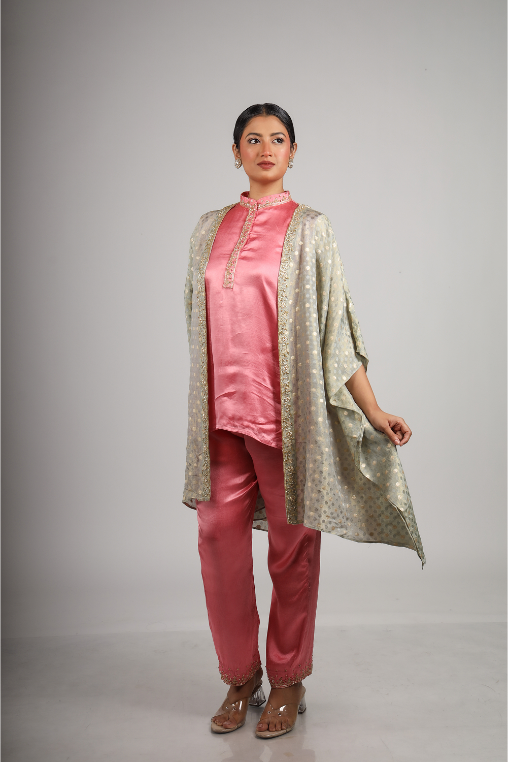 Mediterranean Dawn: Shawl Jacket with Kurta Top & Straight Embriodered Pant (Only Top)