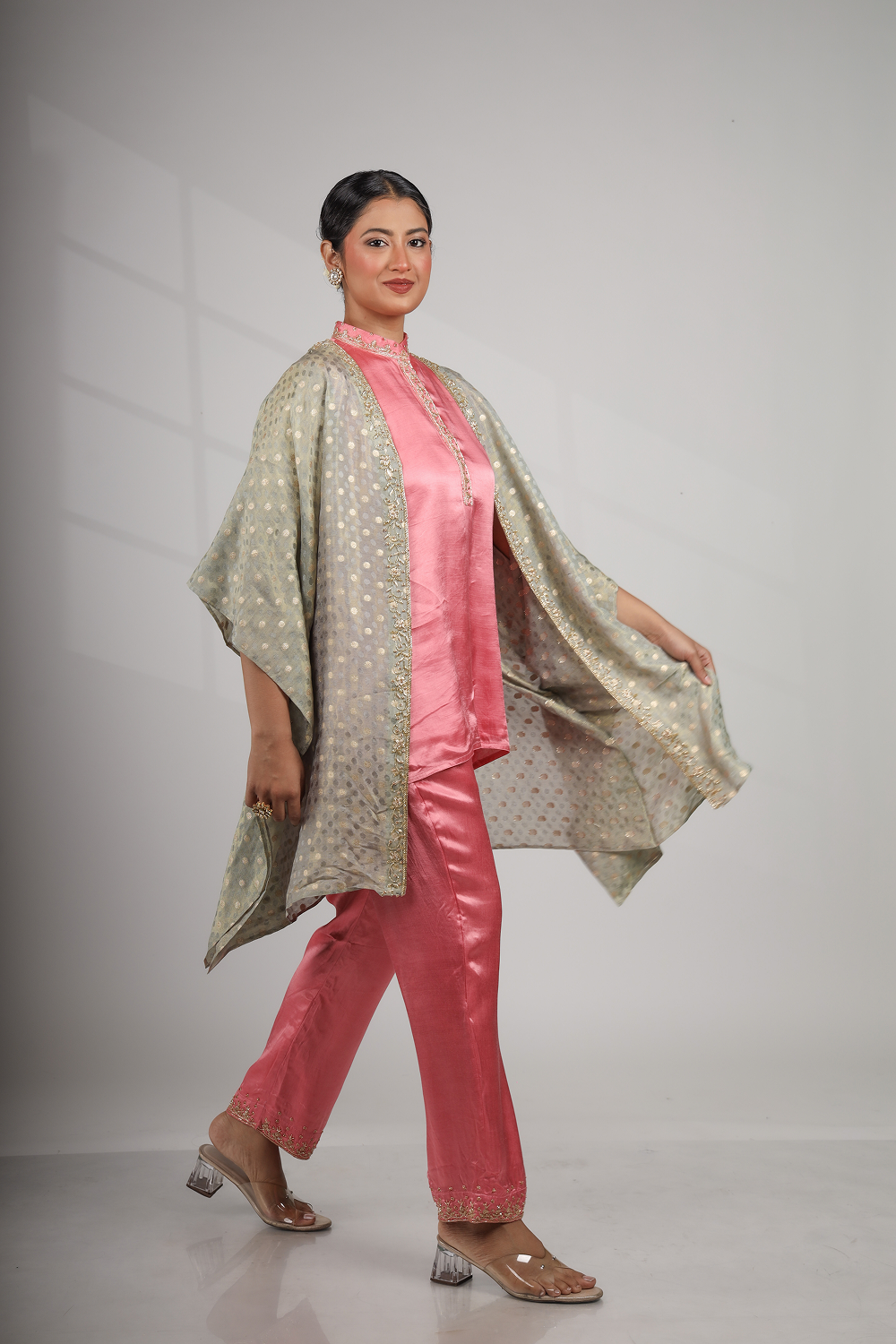 Mediterranean Dawn: Shawl Jacket with Kurta Top & Straight Embriodered Pant (Only Top)