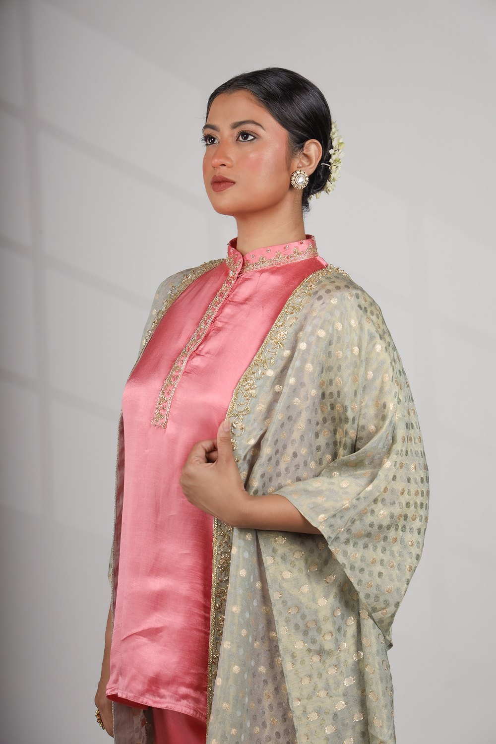 Mediterranean Dawn: Shawl Jacket with Kurta Top & Straight Embriodered Pant (Only Top)