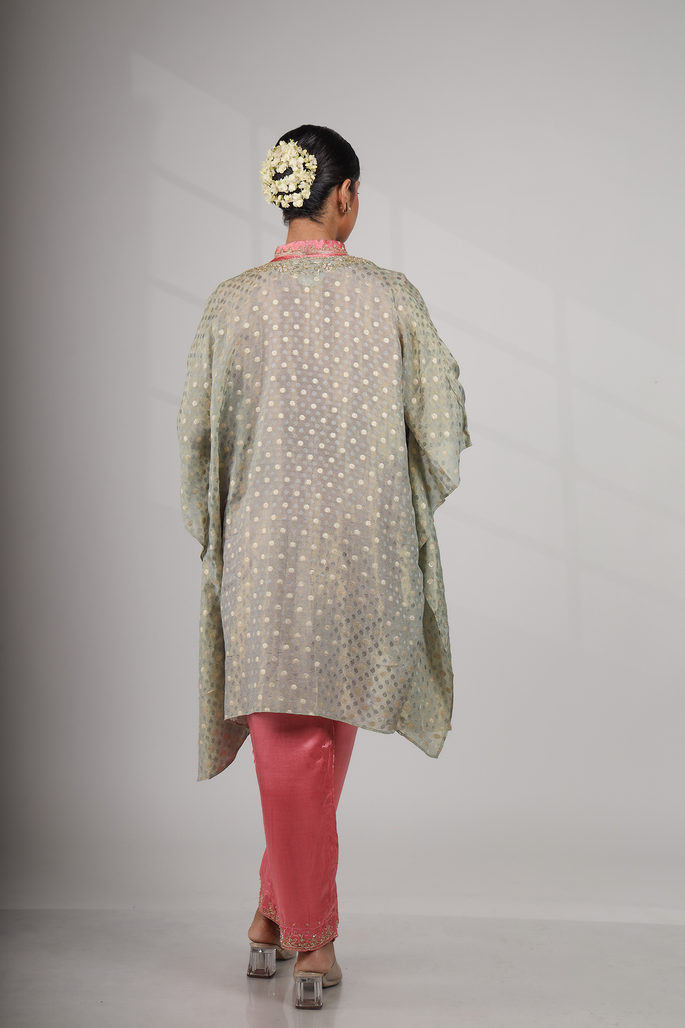 Mediterranean Dawn: Shawl Jacket with Kurta Top & Straight Embriodered Pant (Only Top)
