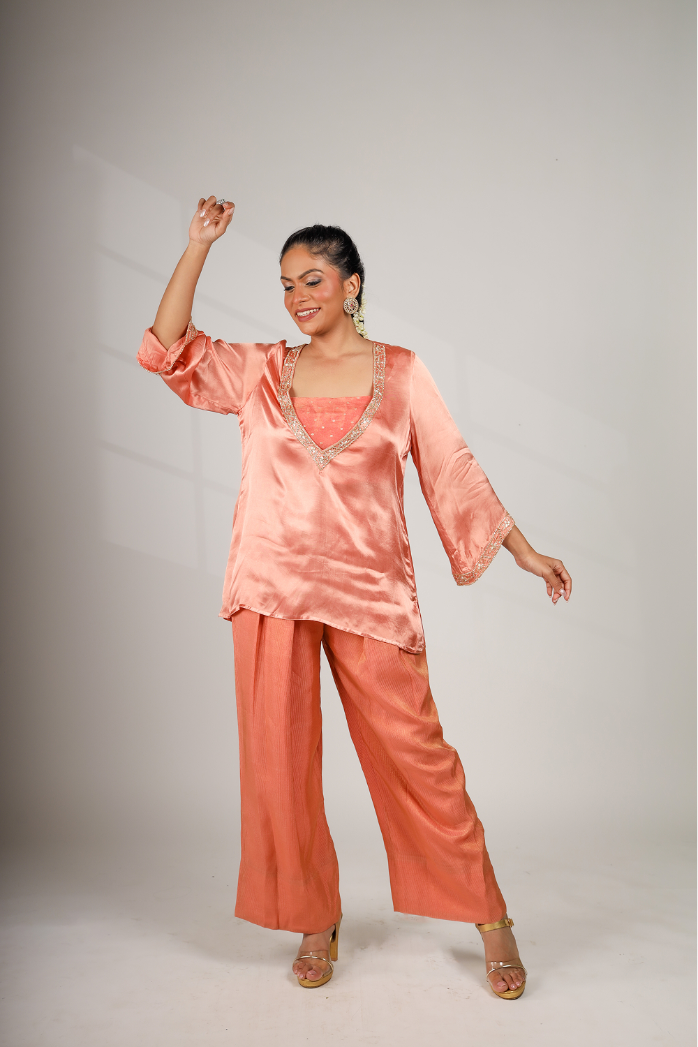 Coral Tide: Deep V-Neck Top with Bustier & Pant Set (Only Top)