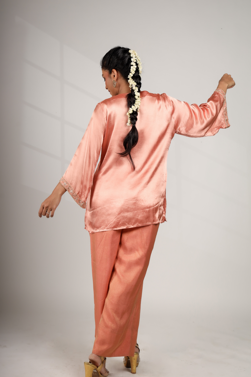 Coral Tide: Deep V-Neck Top with Bustier & Pant Set (Only Top)