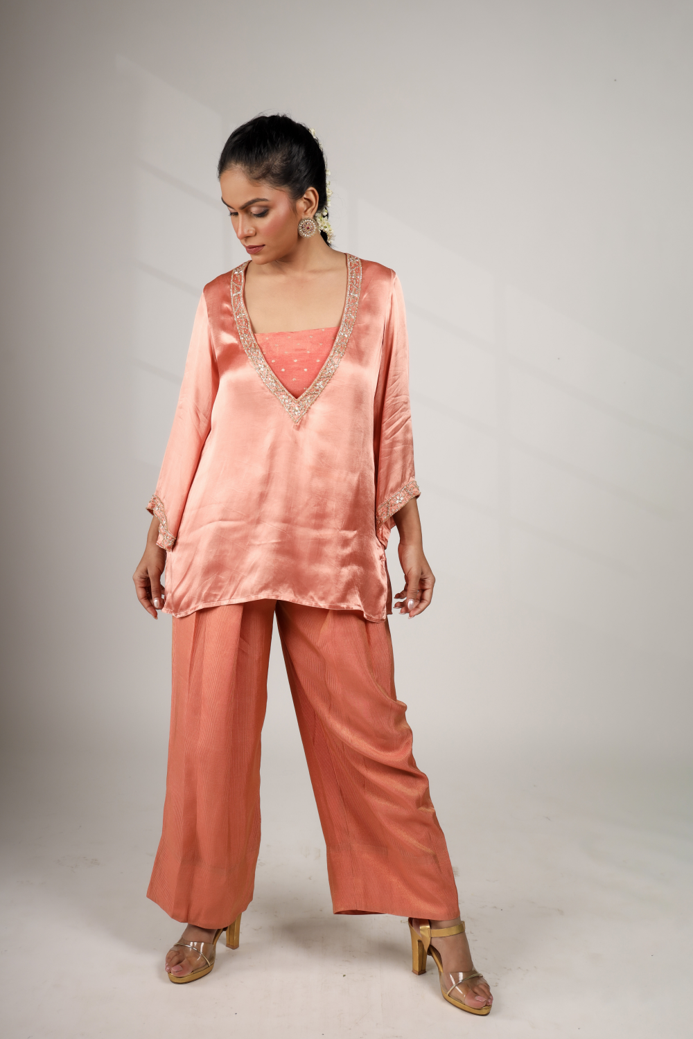 Coral Tide: Deep V-Neck Top with Bustier & Pant Set (Only Top)