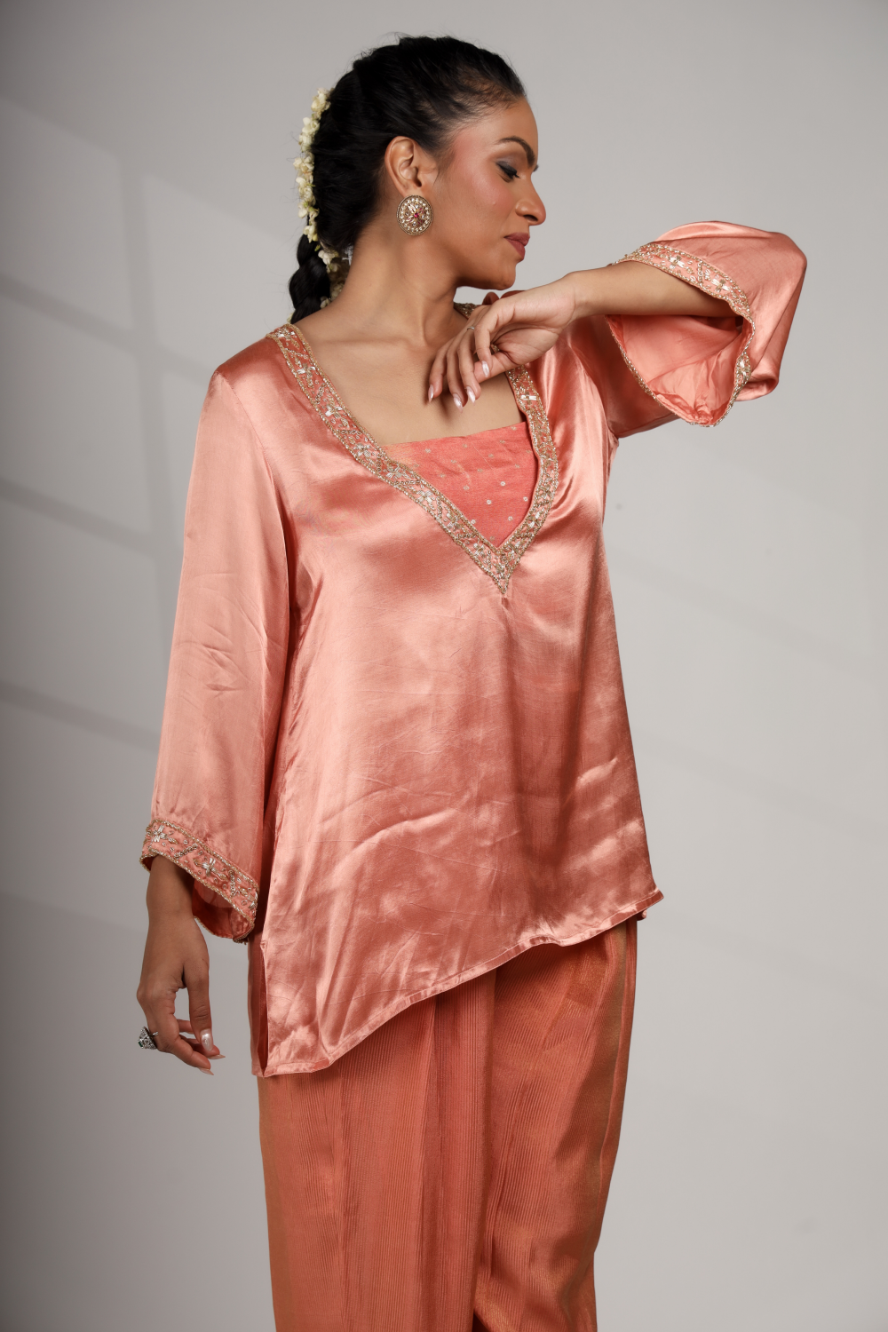 Coral Tide: Deep V-Neck Top with Bustier & Pant Set (Only Top)