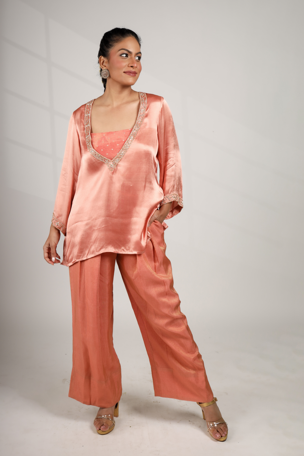 Coral Tide: Deep V-Neck Top with Bustier & Pant Set (Only Top)