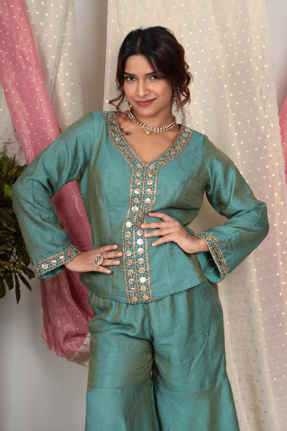 Amodini Teal Chanderi Tissue Top & Sharara Set