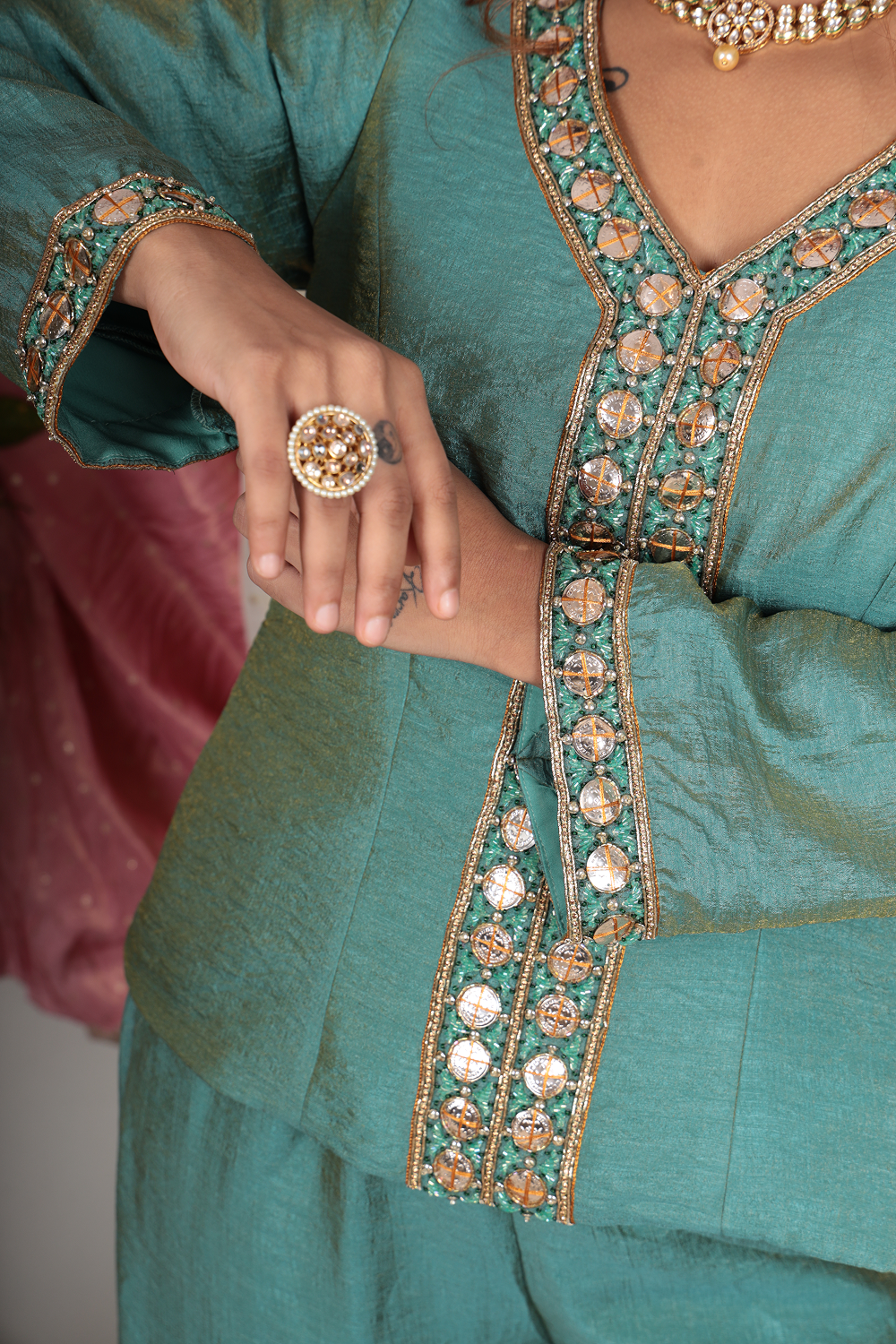 Amodini Teal Chanderi Tissue Top & Sharara Set