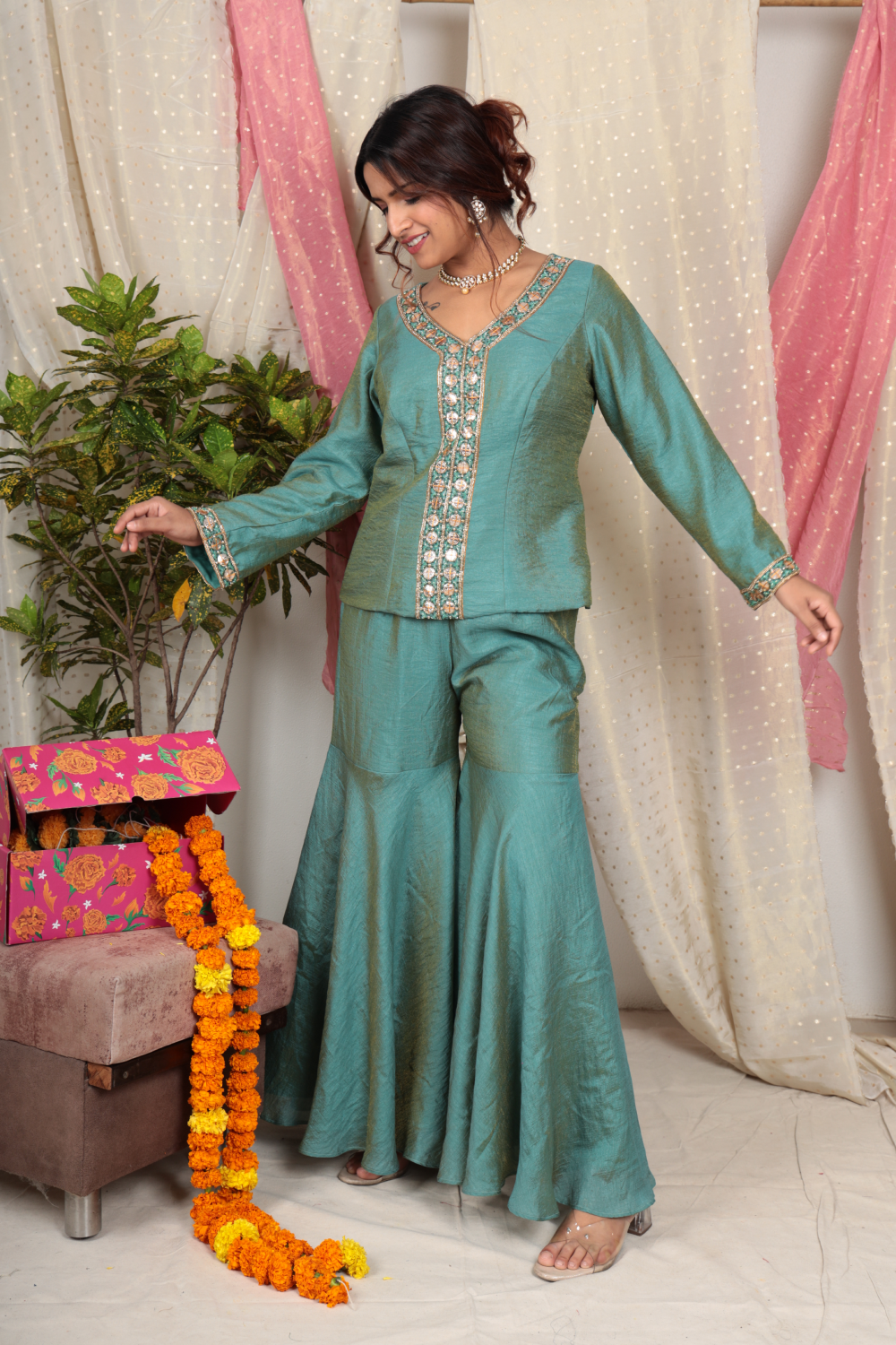 Amodini Teal Chanderi Tissue Top & Sharara Set