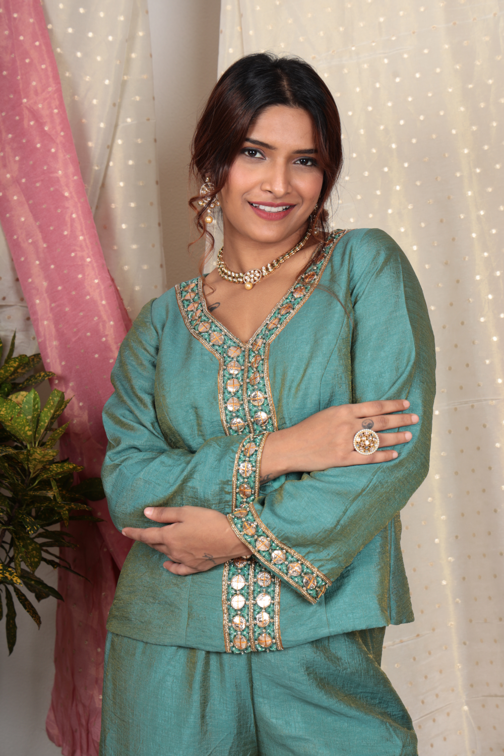Amodini Teal Chanderi Tissue Top & Sharara Set