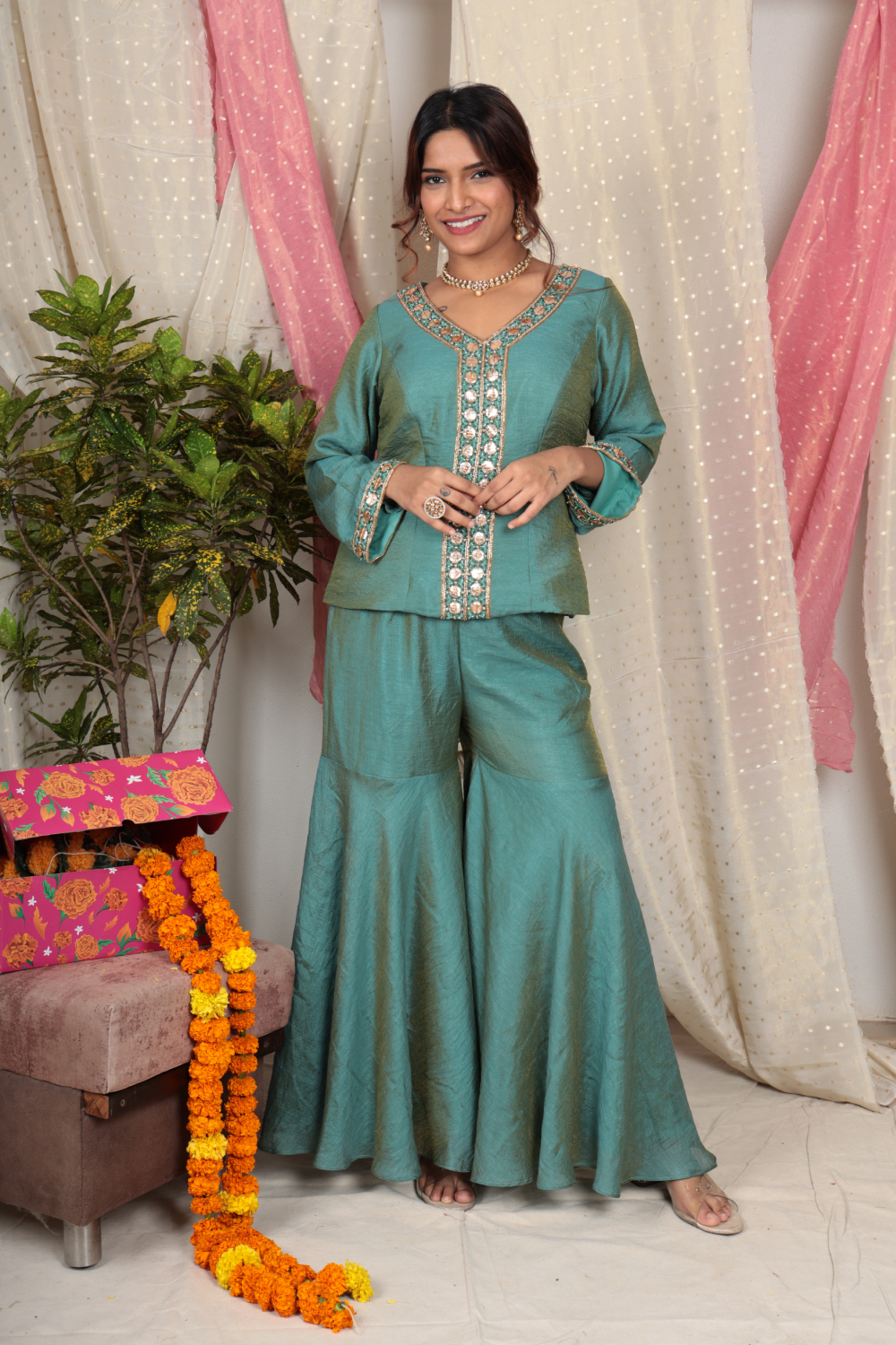 Amodini Teal Chanderi Tissue Top & Sharara Set