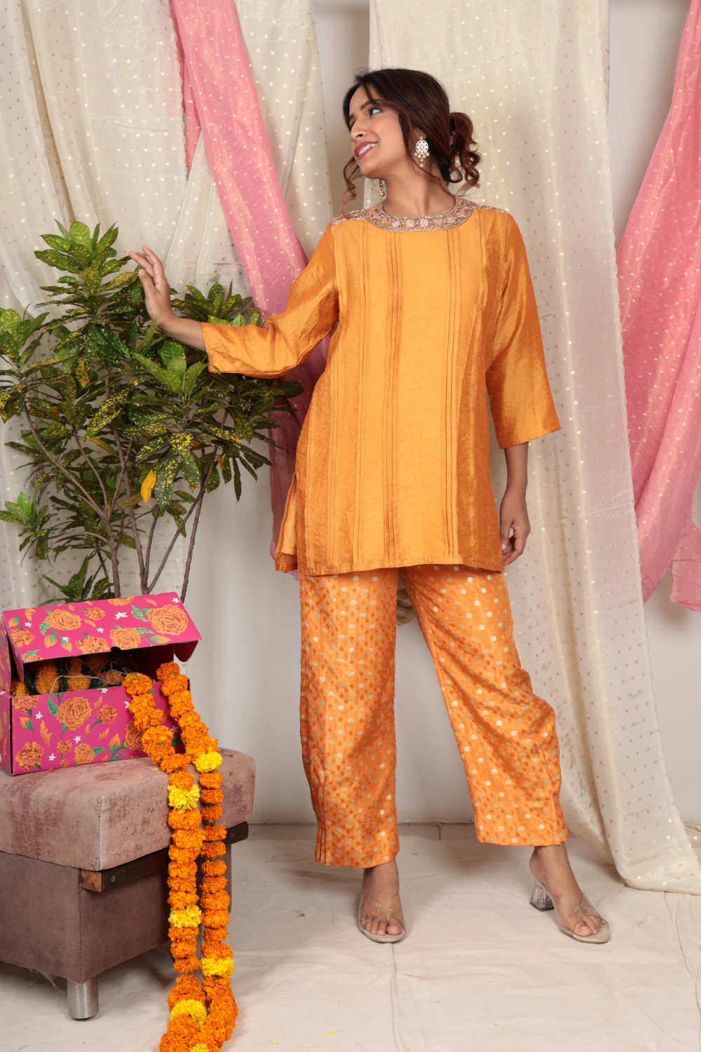 Aarvi Genda Phool Yellow Chanderi Tissue Kurta Set