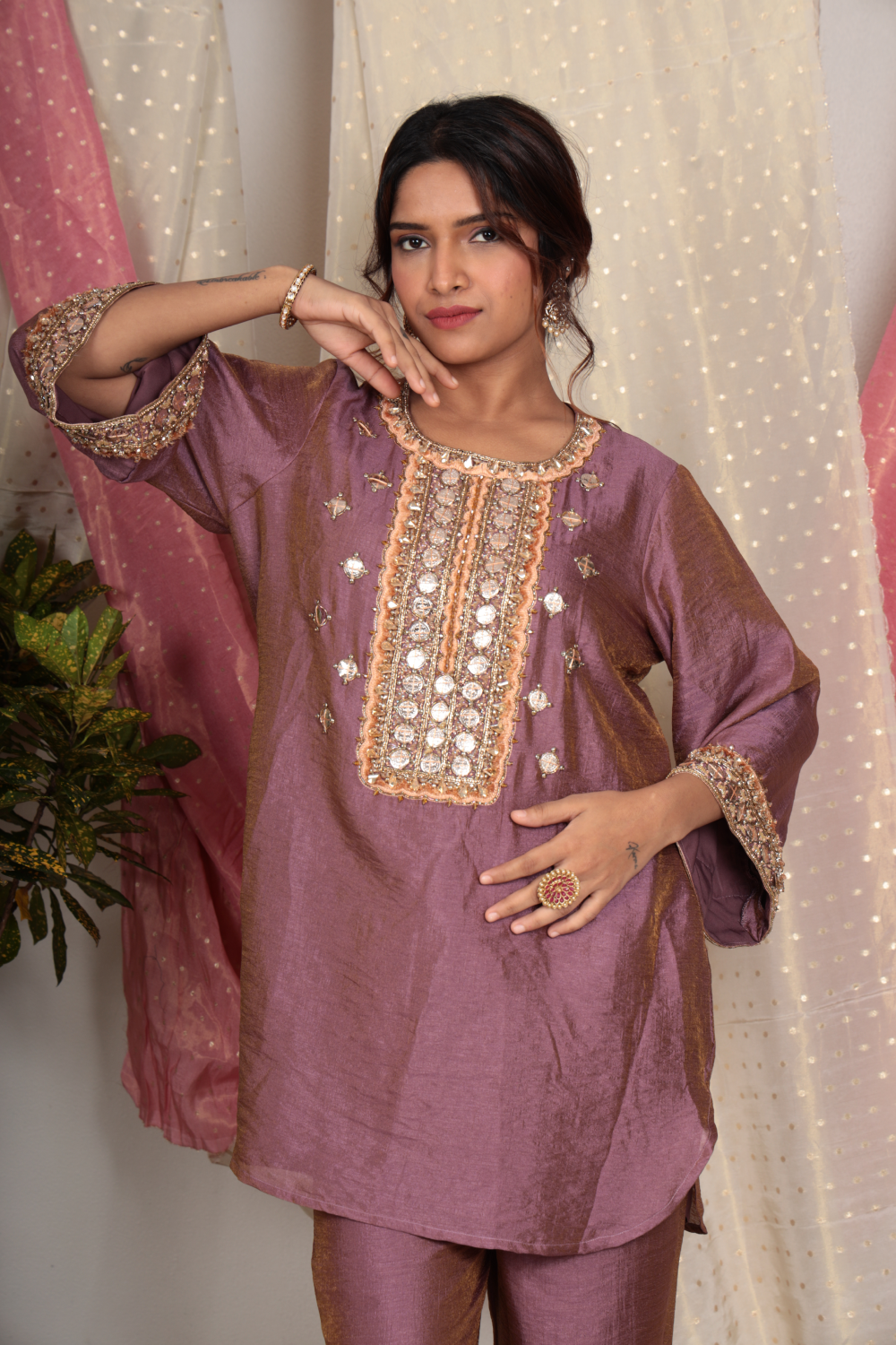 Charvi Mauve Chanderi Tissue Kurta Set