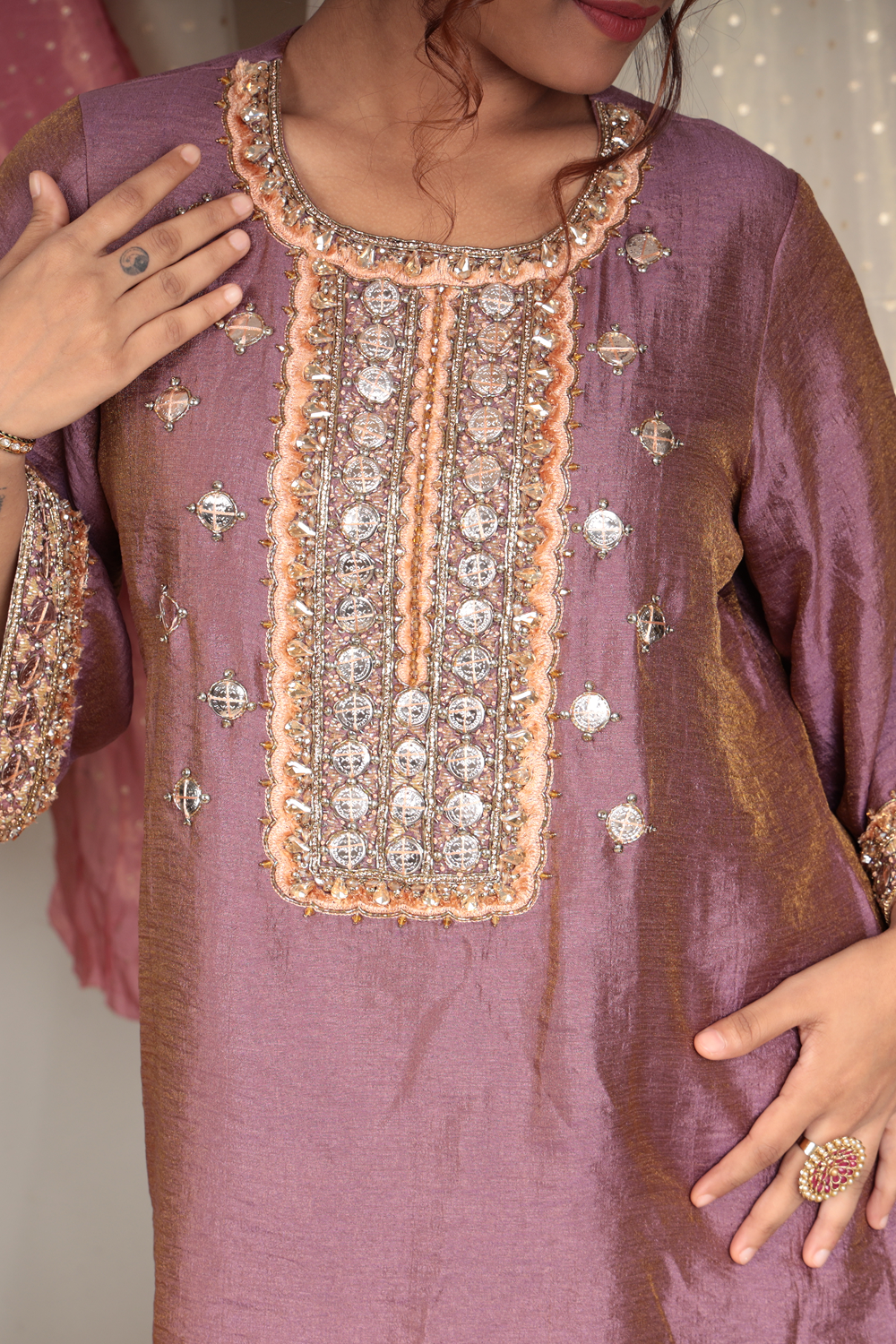 Charvi Mauve Chanderi Tissue Kurta Set
