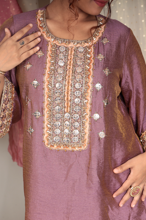 Charvi Mauve Chanderi Tissue Kurta Set