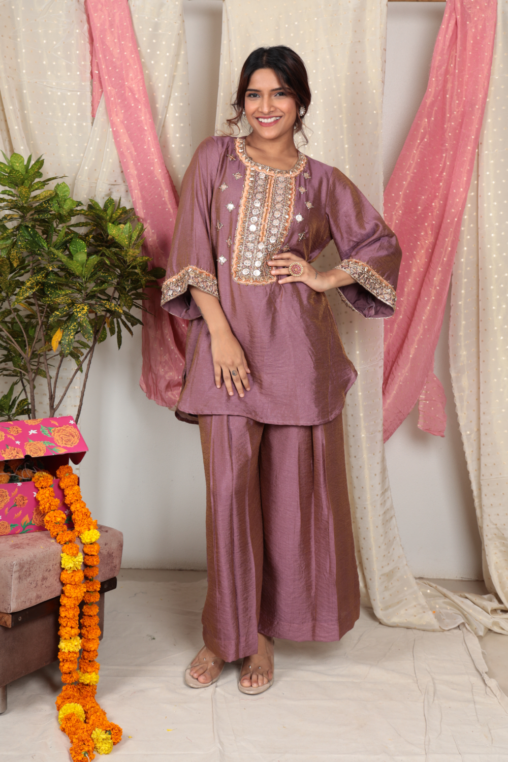 Charvi Mauve Chanderi Tissue Kurta Set