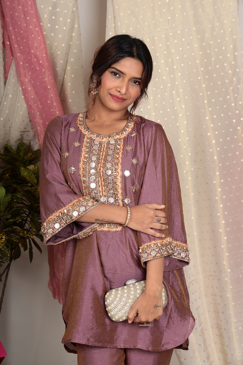 Charvi Mauve Chanderi Tissue Kurta Set