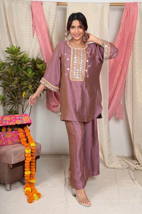 Charvi Mauve Chanderi Tissue Kurta Set