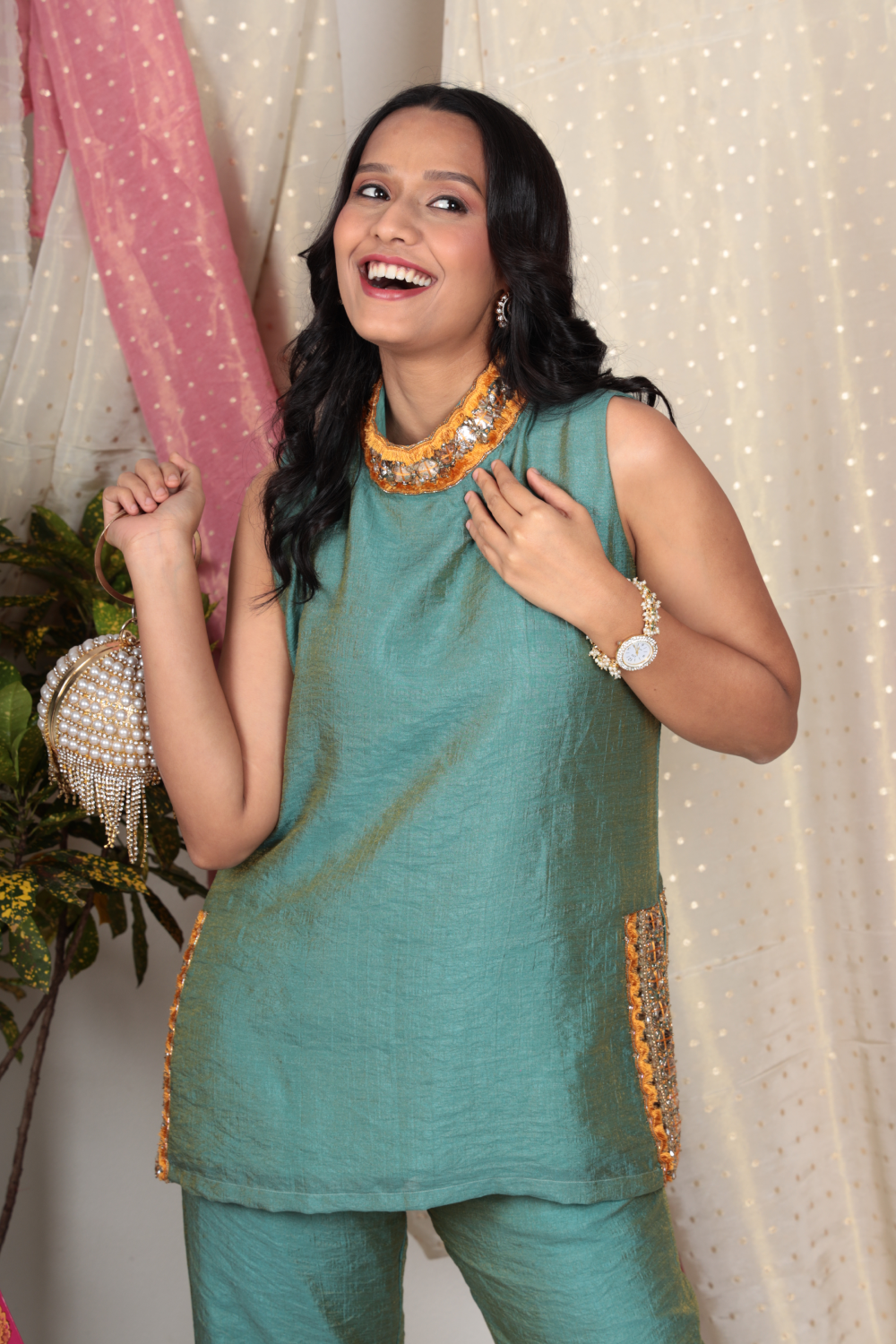 Neelaya Teal Green Chanderi Tissue Kurta Set