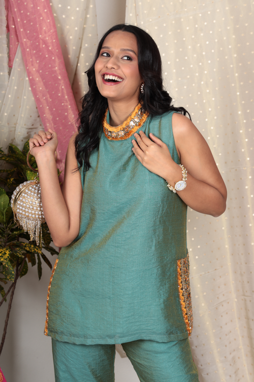 Neelaya Teal Green Chanderi Tissue Kurta Set