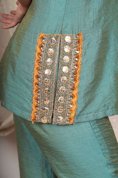 Neelaya Teal Green Chanderi Tissue Kurta Set