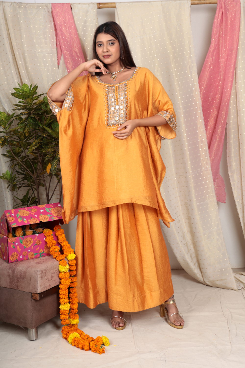Saanvi Marigold Chanderi Tissue Kurta & Double Pleated Pant Set