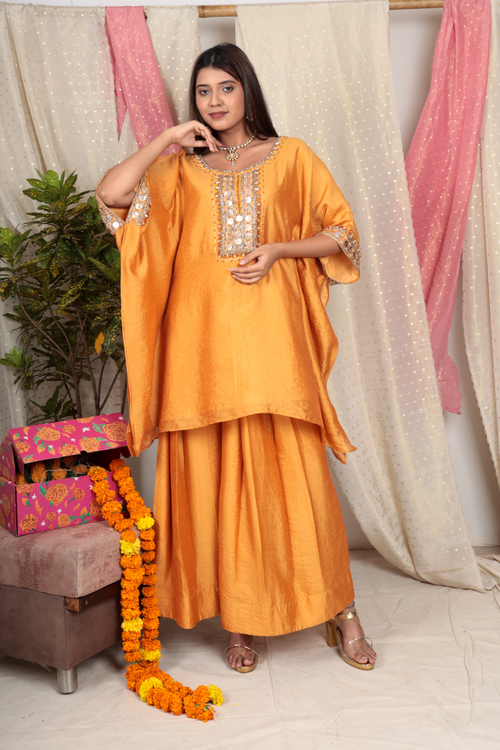 Saanvi Marigold Chanderi Tissue Kurta & Double Pleated Pant Set