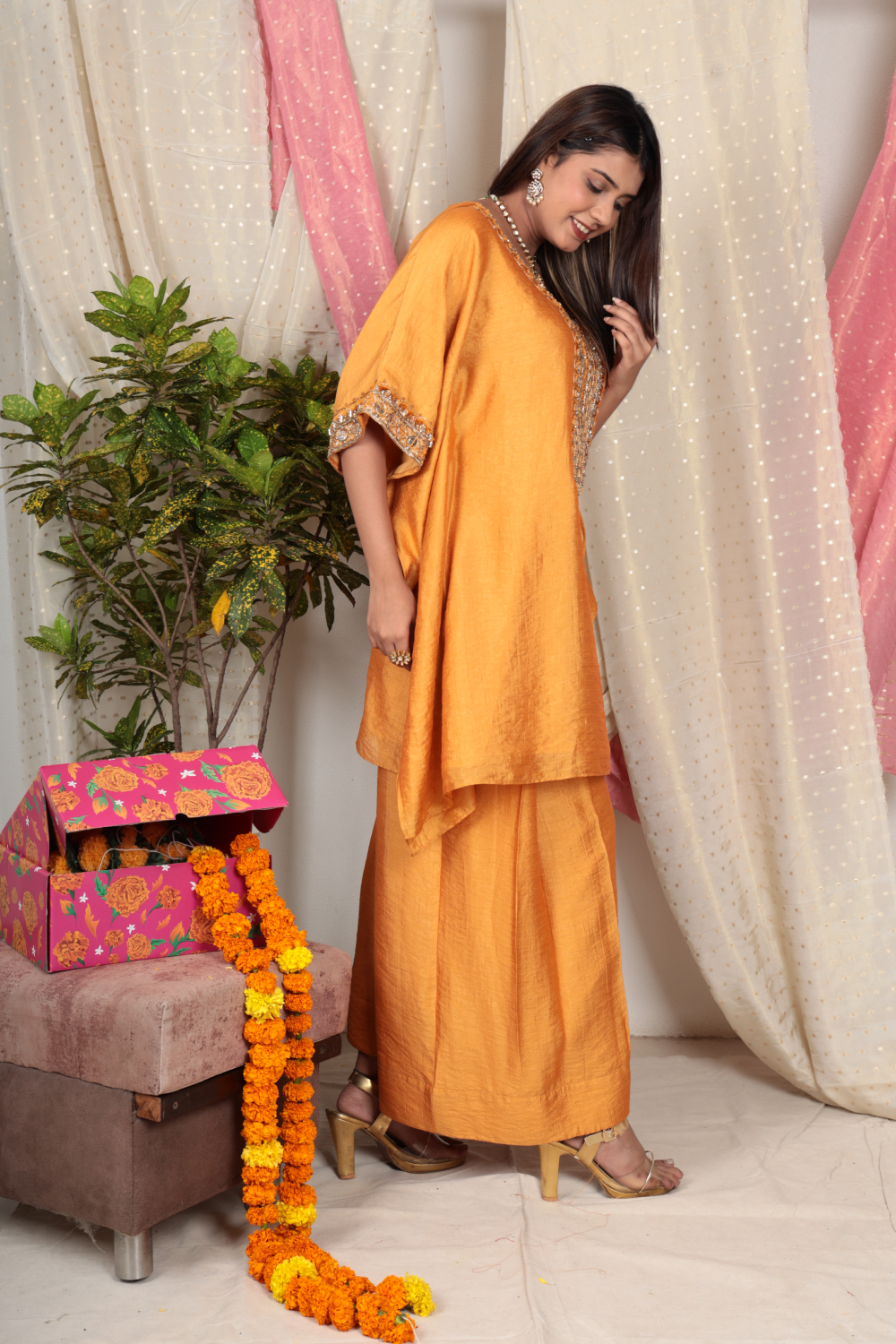 Saanvi Marigold Chanderi Tissue Kurta & Double Pleated Pant Set