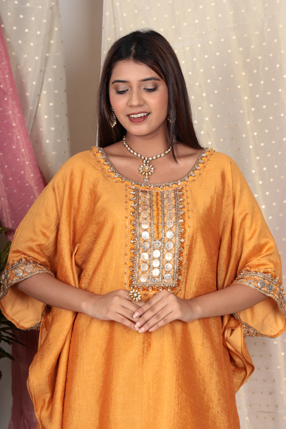 Saanvi Marigold Chanderi Tissue Kurta & Double Pleated Pant Set