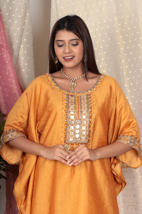 Saanvi Marigold Chanderi Tissue Kurta & Double Pleated Pant Set
