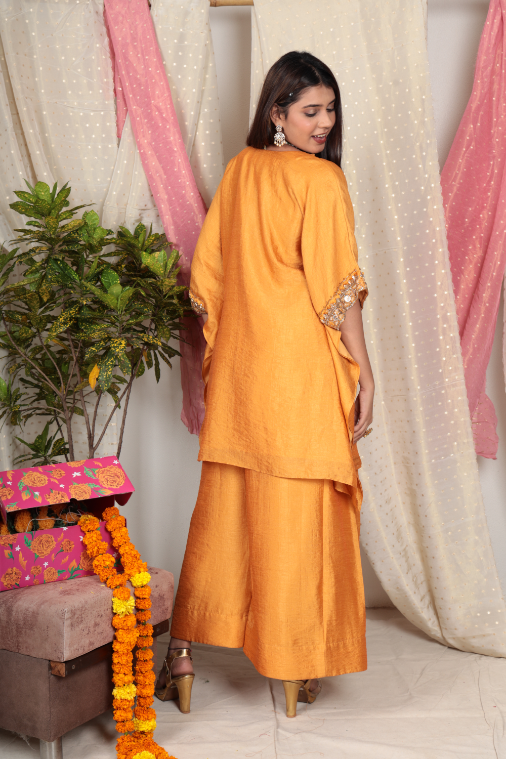 Saanvi Marigold Chanderi Tissue Kurta & Double Pleated Pant Set