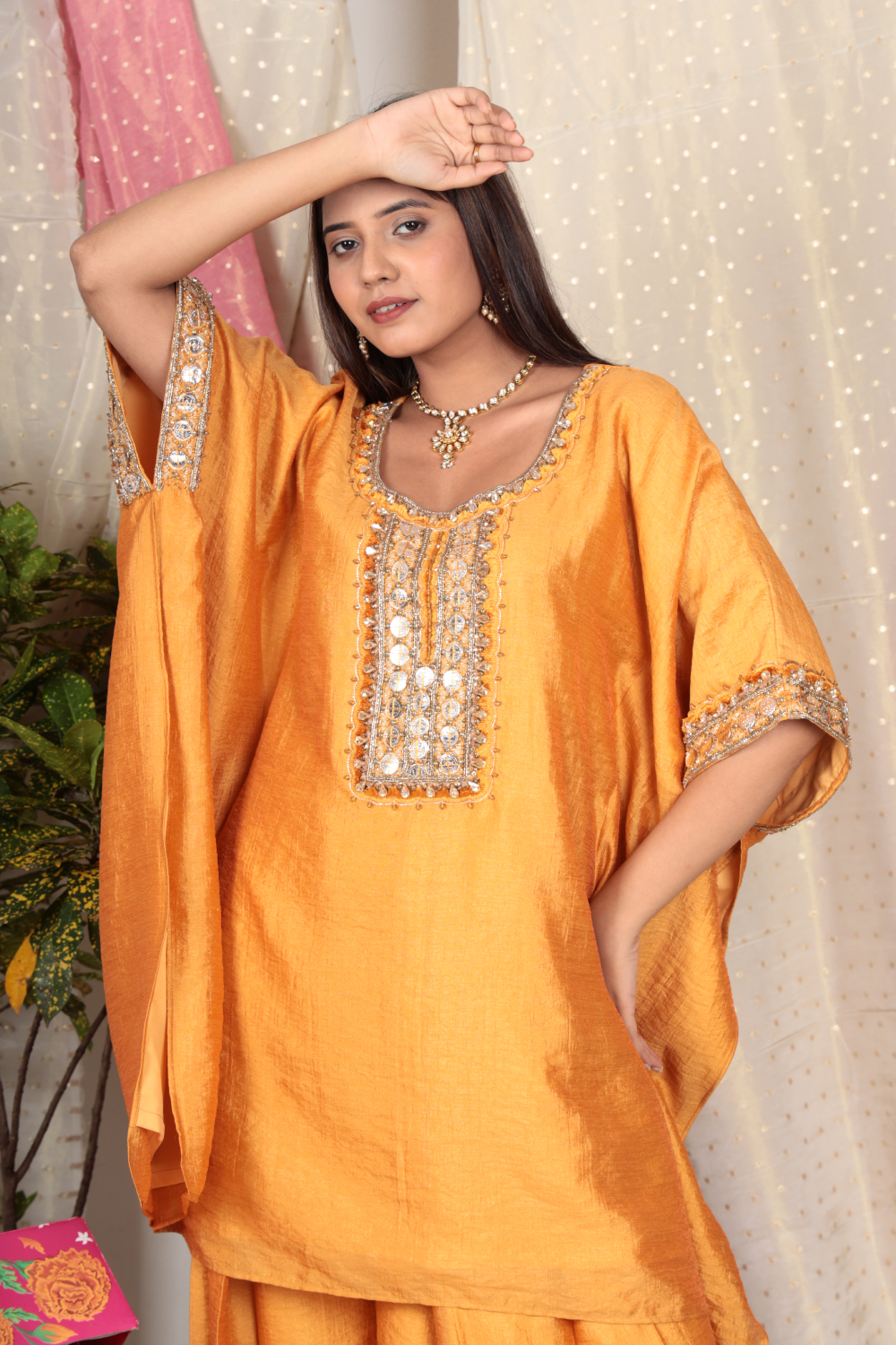 Saanvi Marigold Chanderi Tissue Kurta & Double Pleated Pant Set