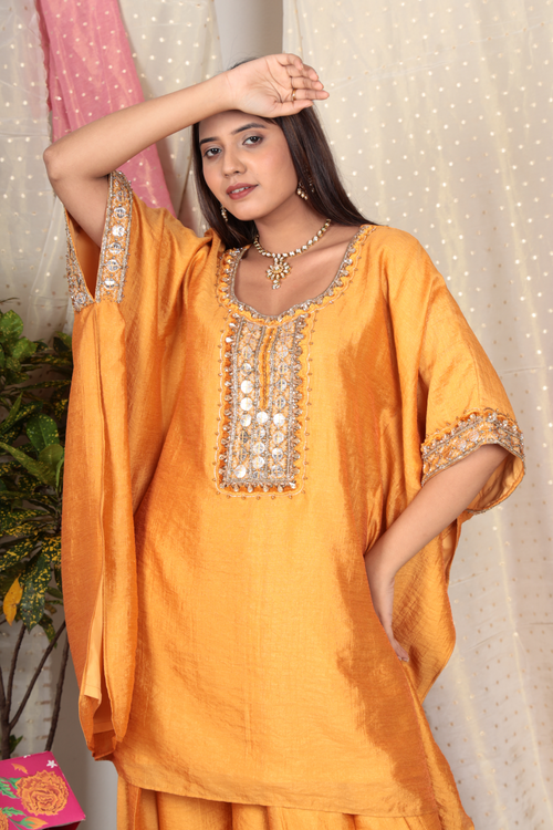 Saanvi Marigold Chanderi Tissue Kurta & Double Pleated Pant Set