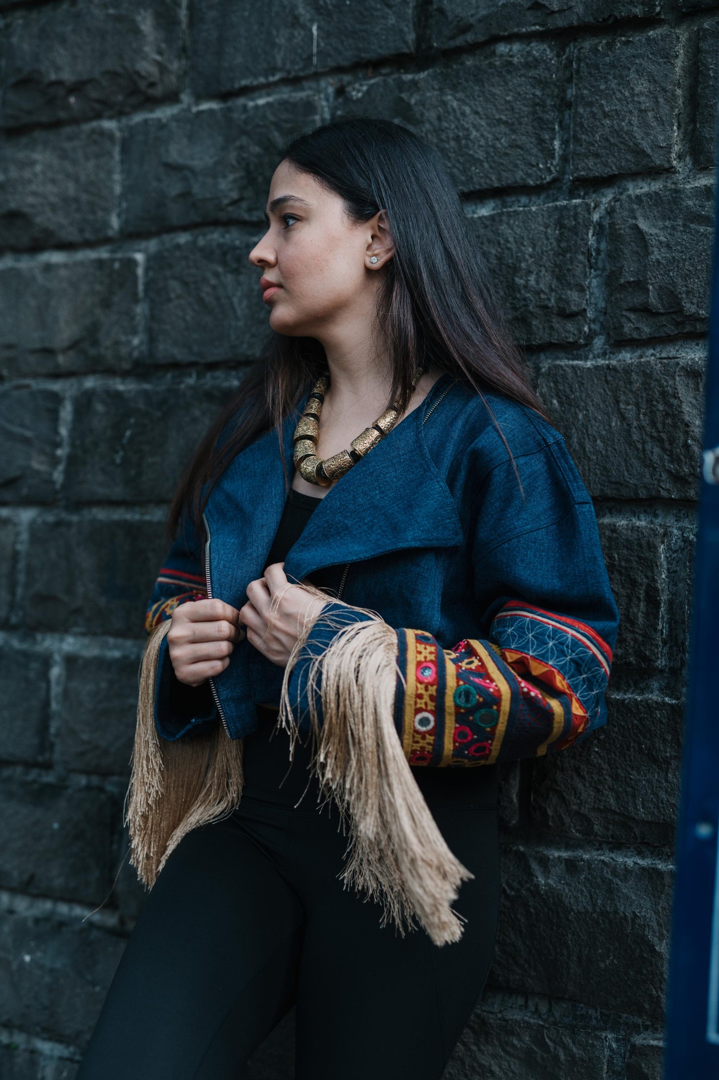 Blue Denim Cropped Fringe Jacket