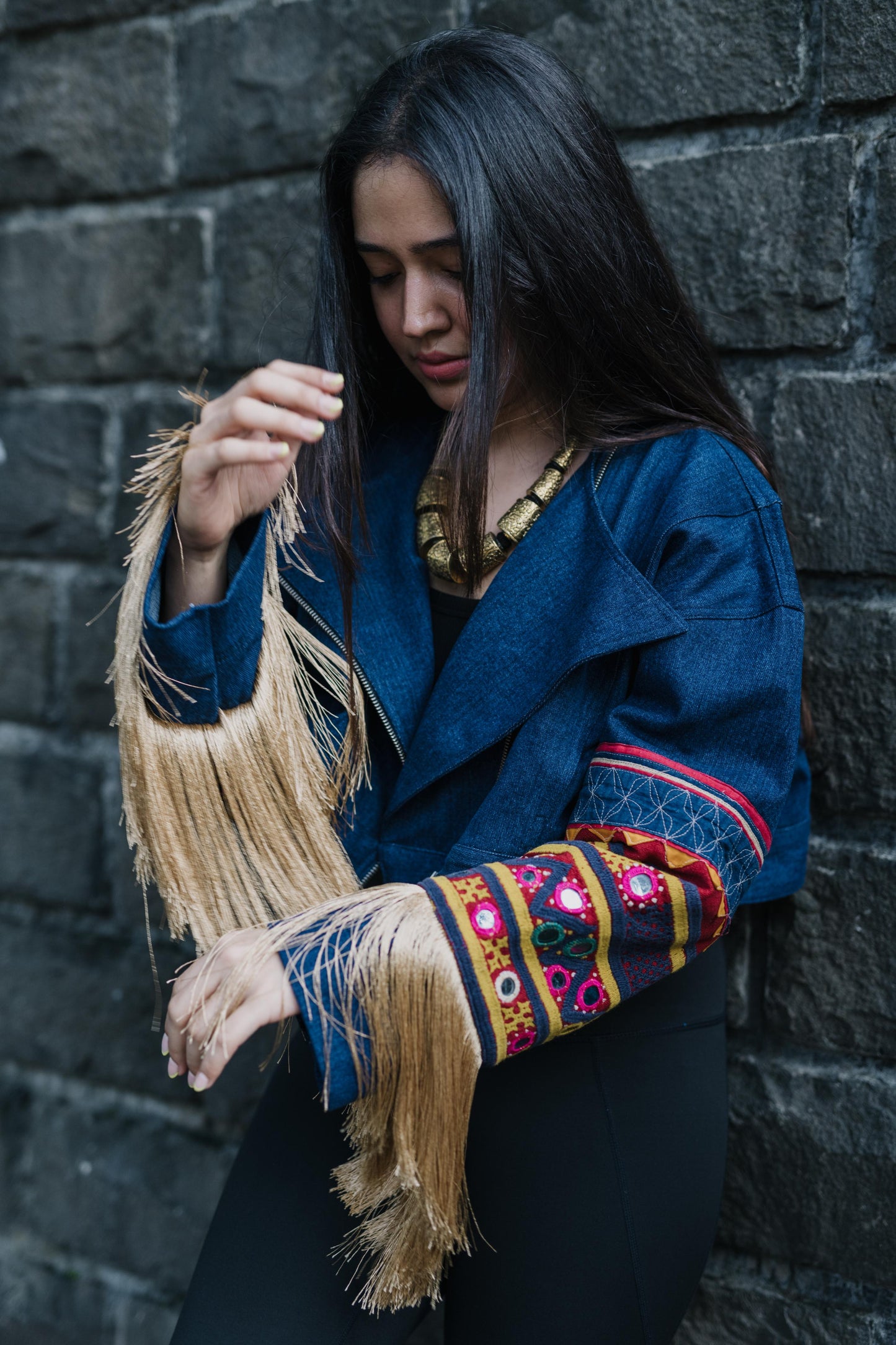 Blue Denim Cropped Fringe Jacket